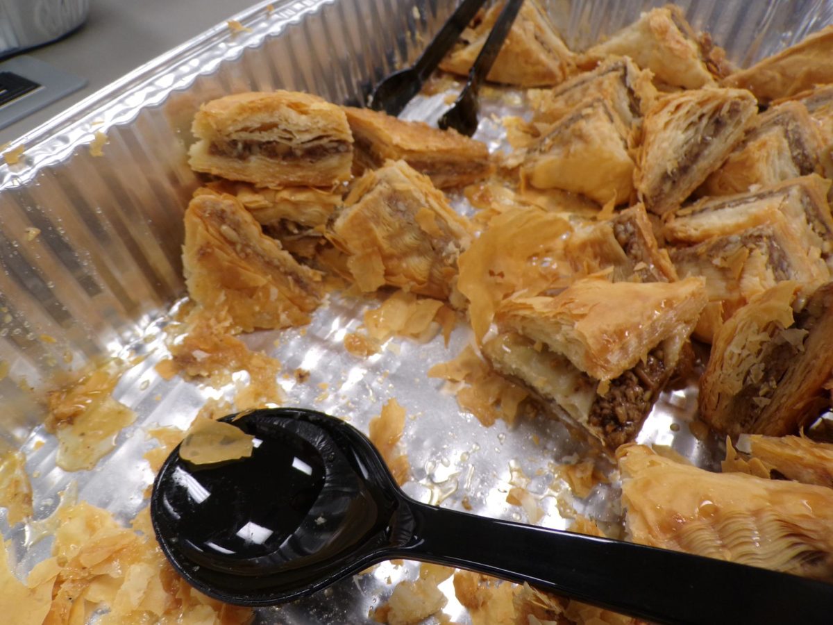 A tray of golden brown baklava offers a sweet finish to the Mediterranean spread prepared for the Pony Express newspaper students. These honey soaked, flaky pastries complement the variety of fresh ingredients and gyro meat available for the meal.
