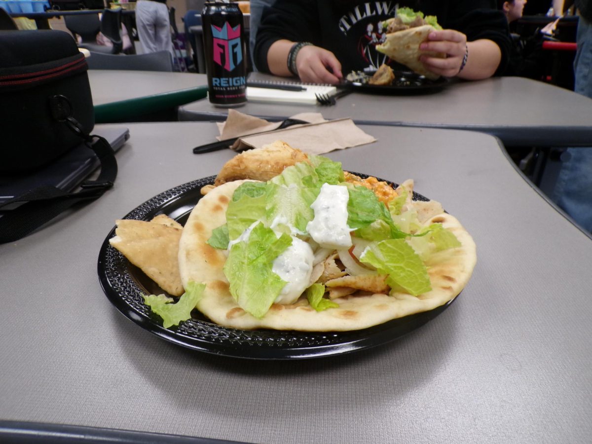 A chicken gyro sits on the plate with fresh lettuce and creamy sauce. Two crispy pastries rest beside it.