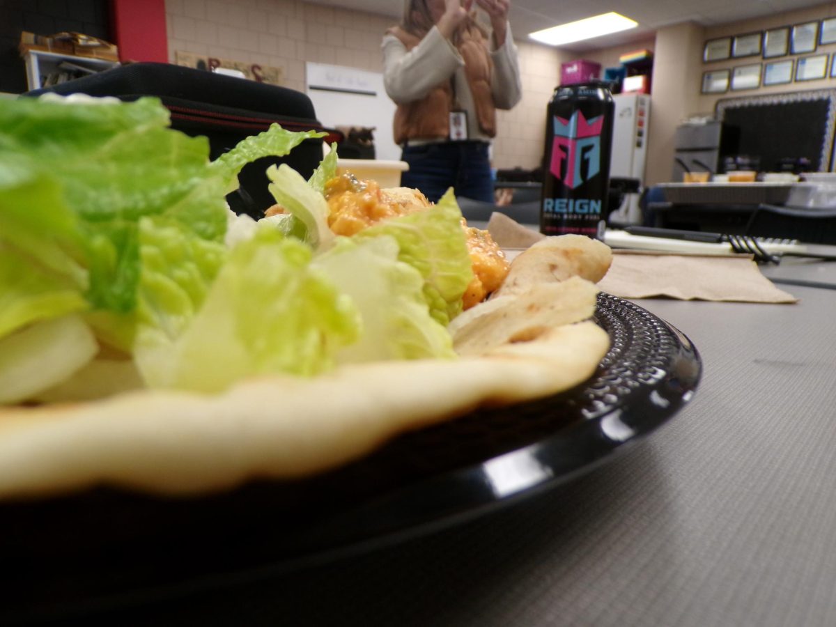 A gyro sits on the plate with fresh lettuce and creamy sauce. Crispy pita chips rest beside it.