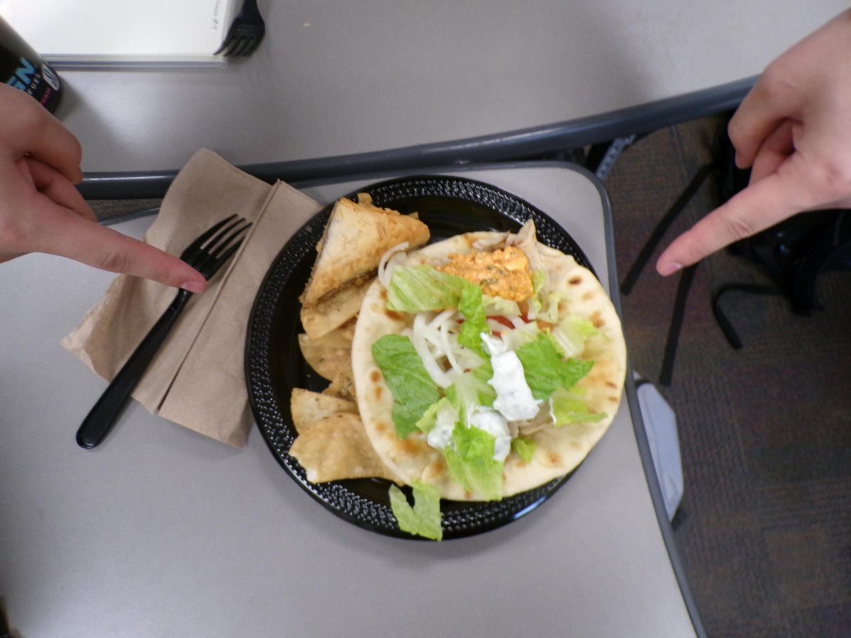 A loaded gyro sits on the plate with fresh lettuce and creamy topping. Crispy pita pieces surround the wrap.