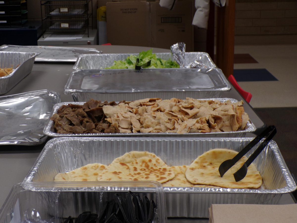 Close view of sliced meat and pita bread laid out neatly for serving.