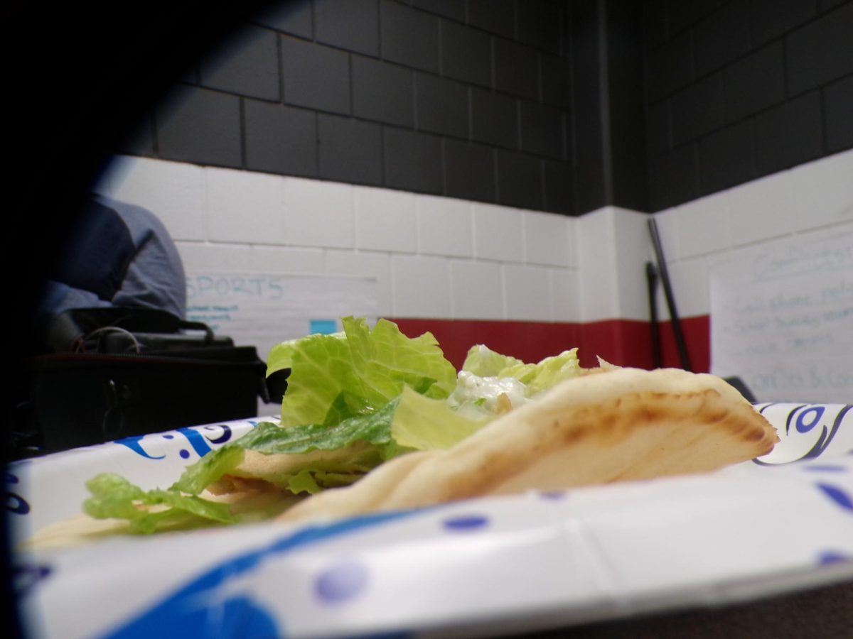 From the side, you can see the layers of the gyro, pita, meat, lettuce, and sauce.