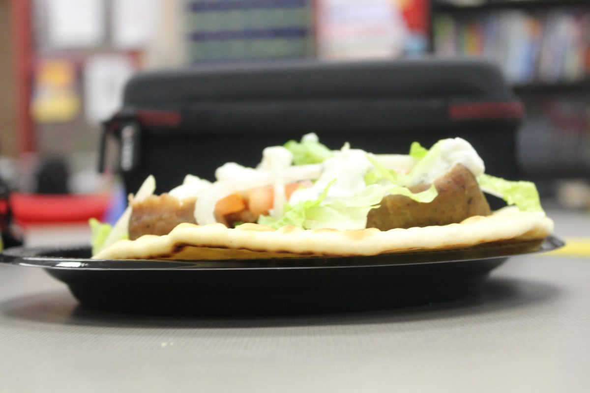 The plate taking the focus yet again, with the toppings like the fresh green lettuce and the brown beef, with the white sauce dripping from on top. This photo the pita does not take focus over the plate, taken from an angle where the shadow of the pita makes the black plate look even darker.