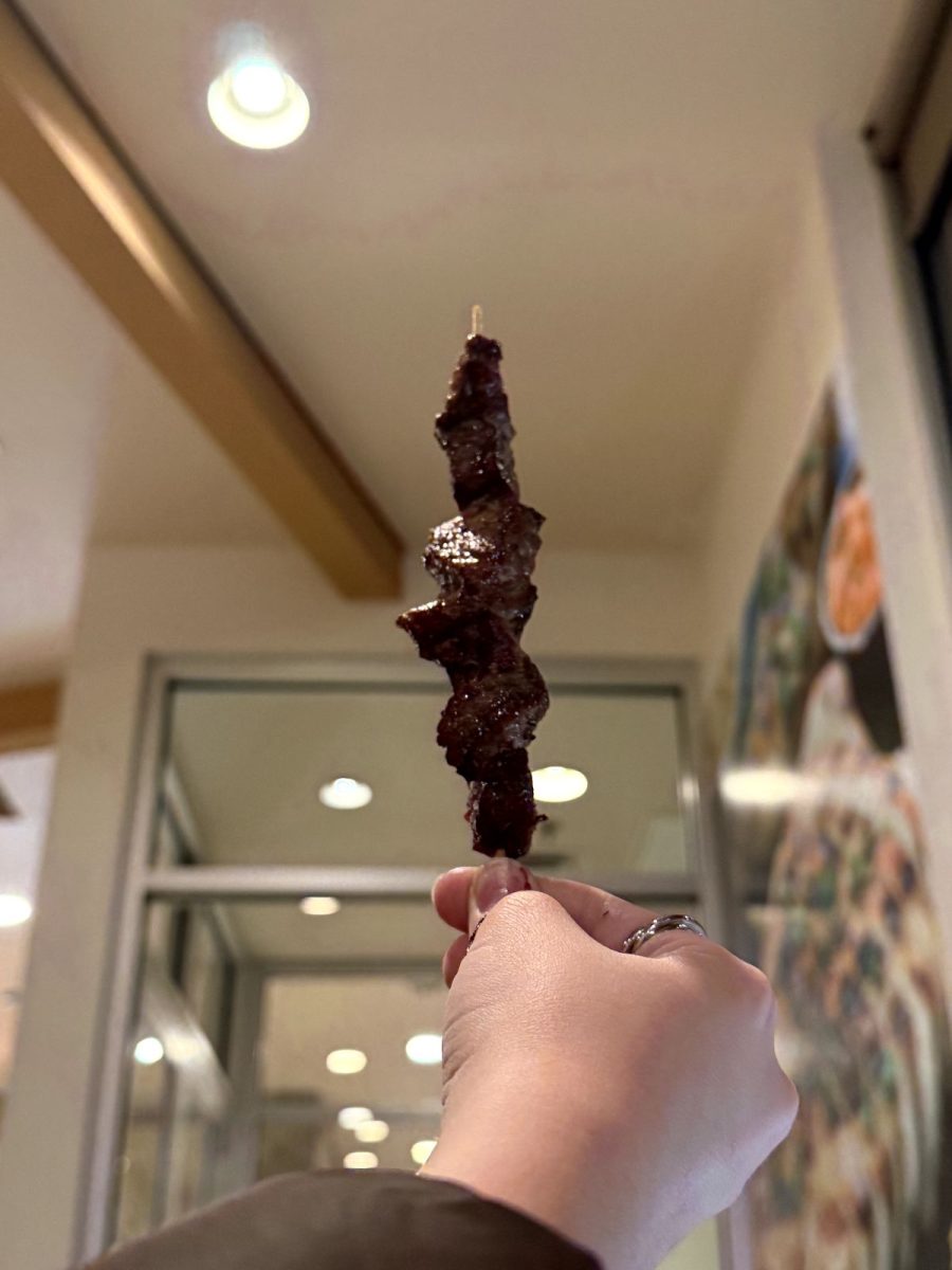 The skewer has the glossy residue of the fat and seasoning that actually stuck to the meat. It looks simple, but once you pass the steak's deep brown crust, it's a bright pink, medium-rare inside.