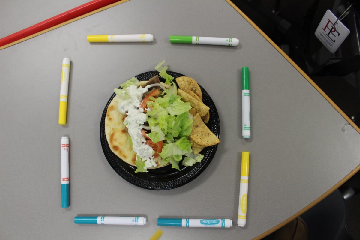 The plate surrounds the gyro, helping direct attention toward the main subject and keep the focus on the food