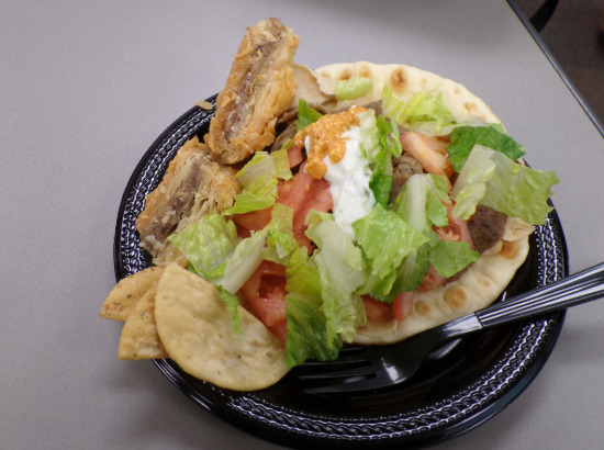 A top down view of the full plate of Dino's delights