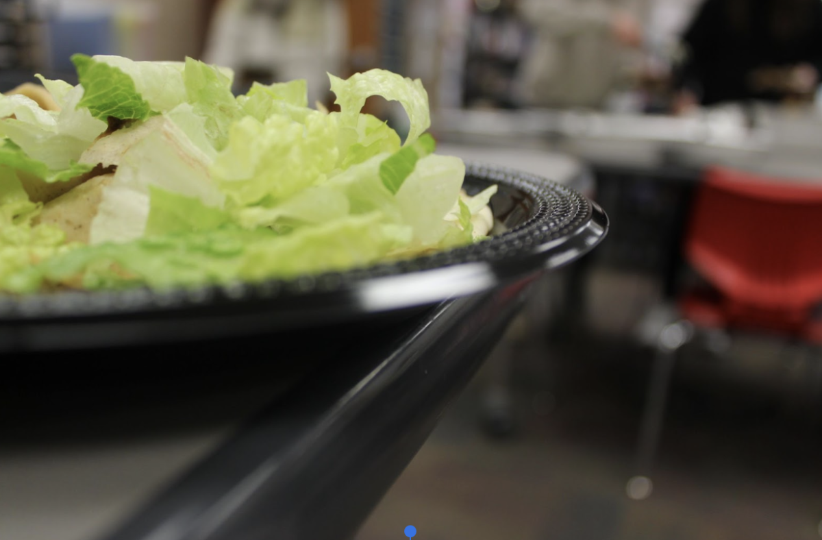 A close up shot of the crunchy lettuce sitting on top of the gyro.