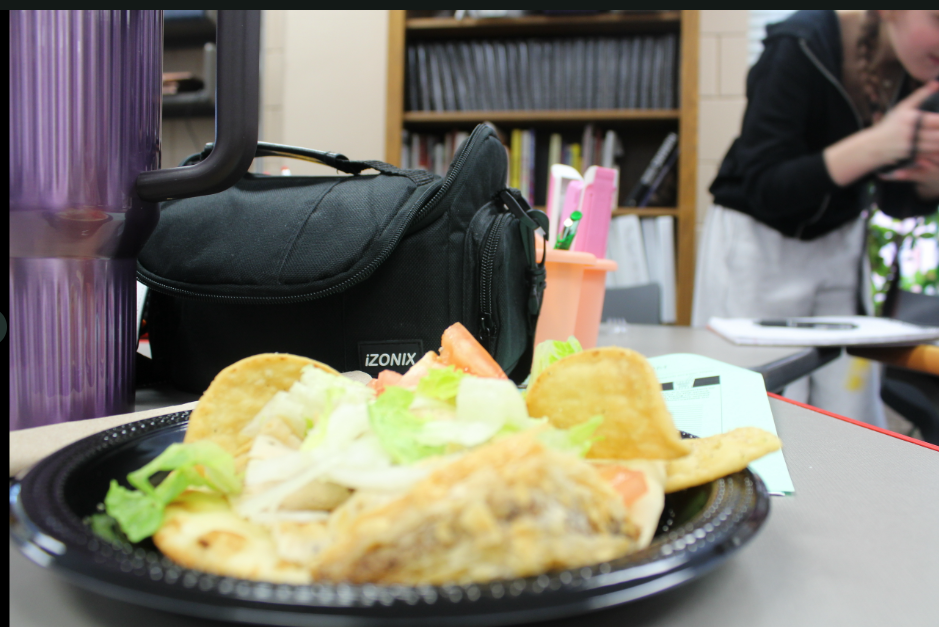 A closer look at the fresh ingredients used in the gyro, such as lettuce, onion rings and  thin tomato slices. 