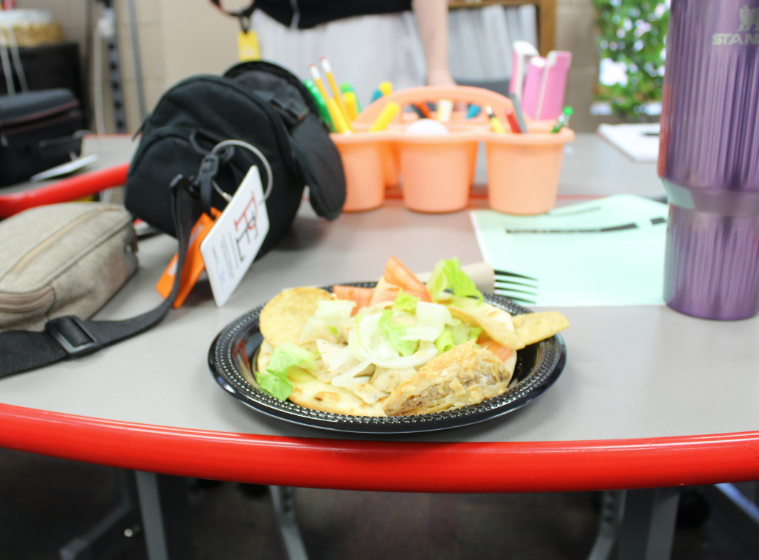 The gyro is layered with tender chicken, crisp vegetables, and golden pita chips emphasizing the flavor and layout of the meal. 